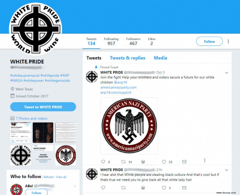 Twitter kann Neonazis und weiße Rassisten automatisch verstecken, entscheidet sich aber dagegen