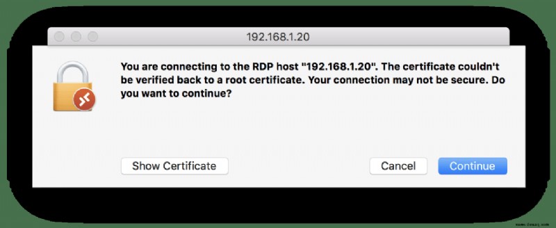Microsoft Remote Desktop für Mac:Zertifikat immer vertrauen