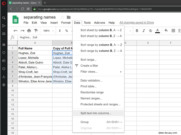 So trennen Sie Vor- und Nachnamen in Google Tabellen
