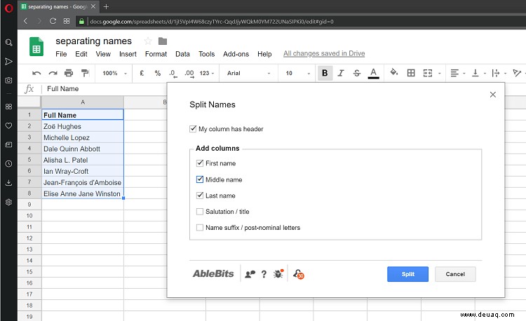 So trennen Sie Vor- und Nachnamen in Google Tabellen
