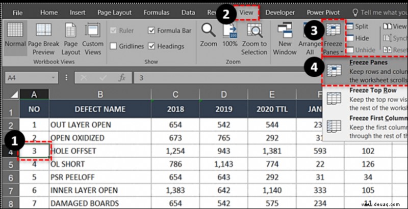 Einfrieren der obersten Zeile in Excel