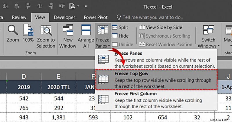 Einfrieren der obersten Zeile in Excel