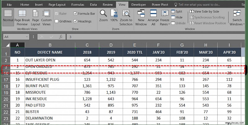 Einfrieren der obersten Zeile in Excel