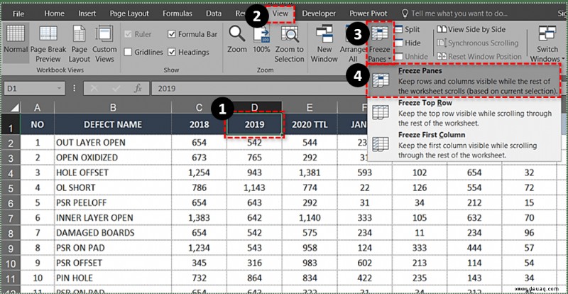 Einfrieren der obersten Zeile in Excel